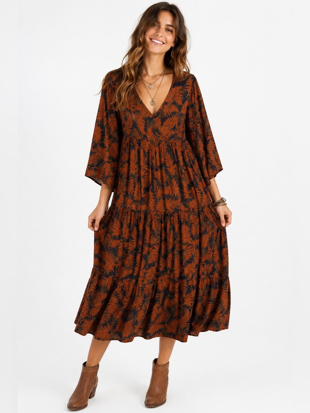 Natural Life V-neck Wide Sleeve Tiered Midi Dress Boho Gypsy Women's XS / Small